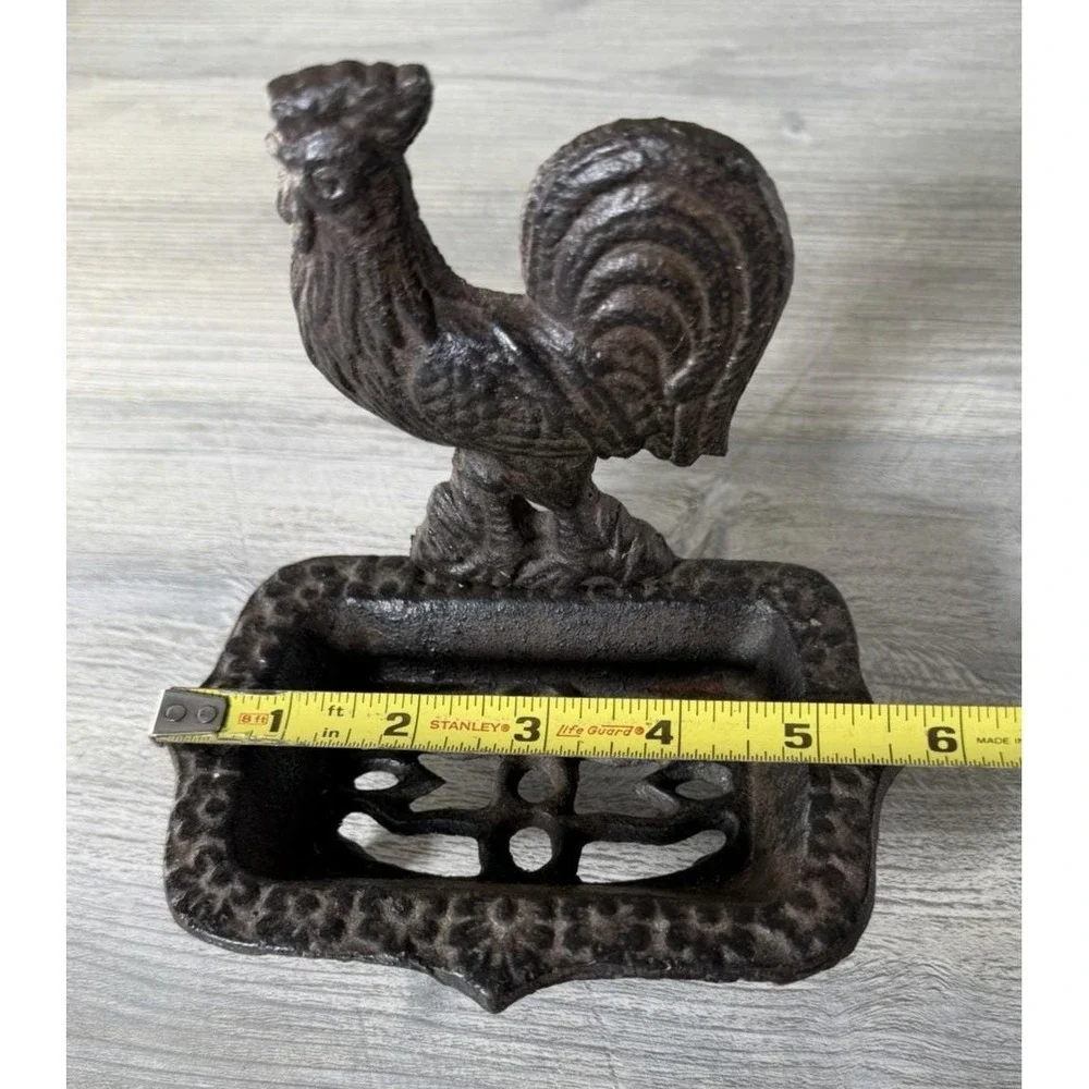 Vintage Rustic Cast Iron Rooster Soap Sponge Dish Farmhouse Chicken